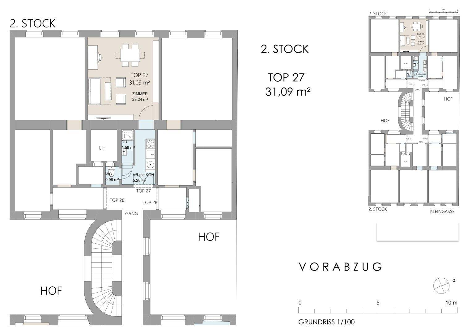 Detaillierter Grundriss der Wohnung TOP 27 mit offenem Wohnbereich und Gesamtübersicht des Stockwerks.