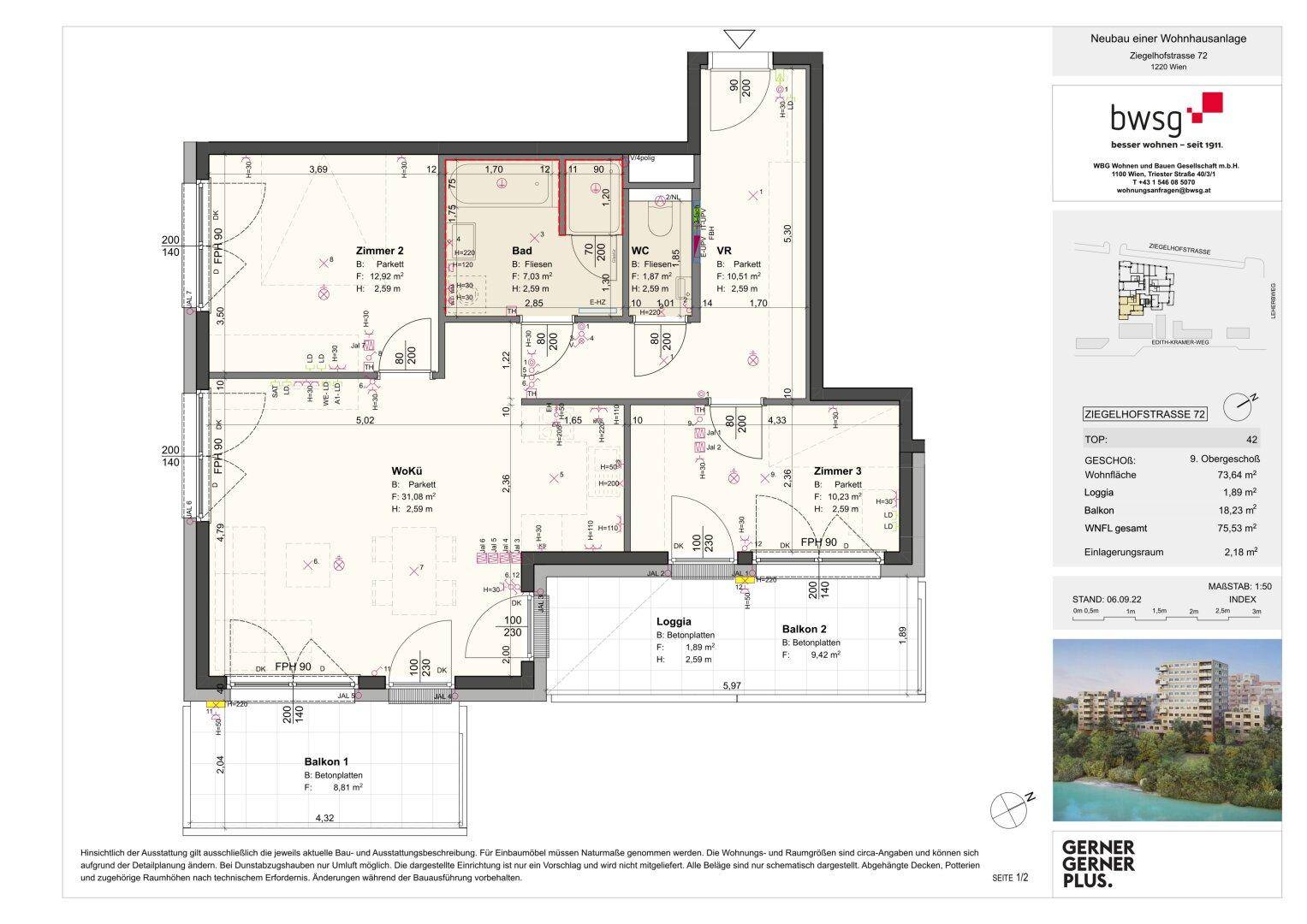 Detaillierter Grundriss einer Wohnung mit drei Zimmern, Loggia und zwei Balkonen.