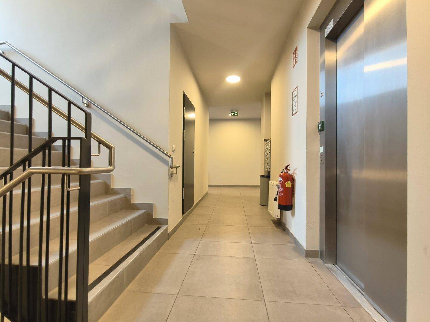 Heller Hausflur mit Treppenhaus, modernem Aufzug und Fliesenboden im Eingangsbereich.