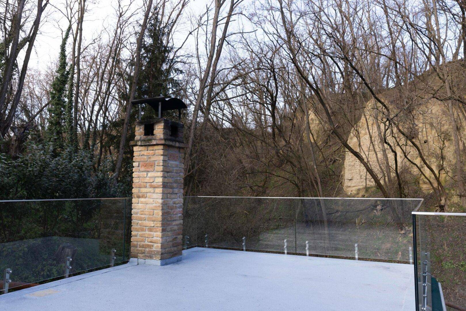 Dachterrasse mit gemauertem Kamin und Glasgeländer, umgeben von kahlen Bäumen.