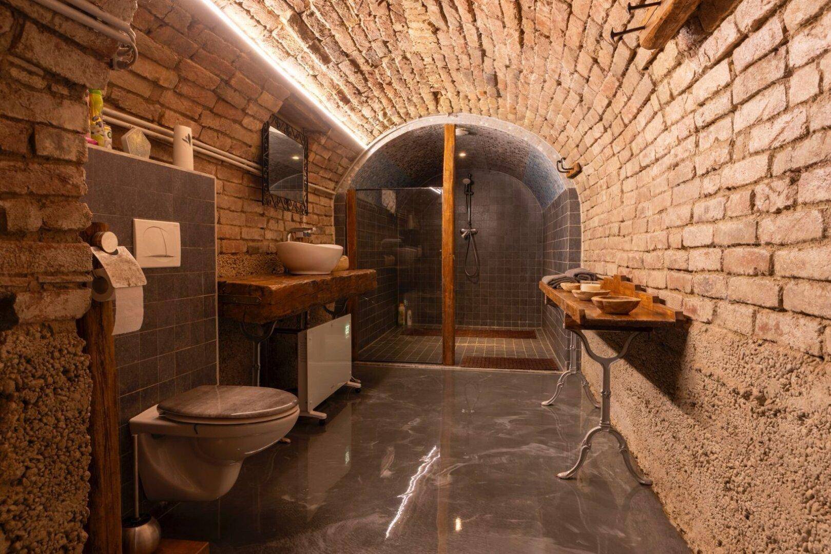 Einzigartiges Badezimmer mit gewölbter Ziegeldecke, modernen Armaturen und begehbarer Dusche.