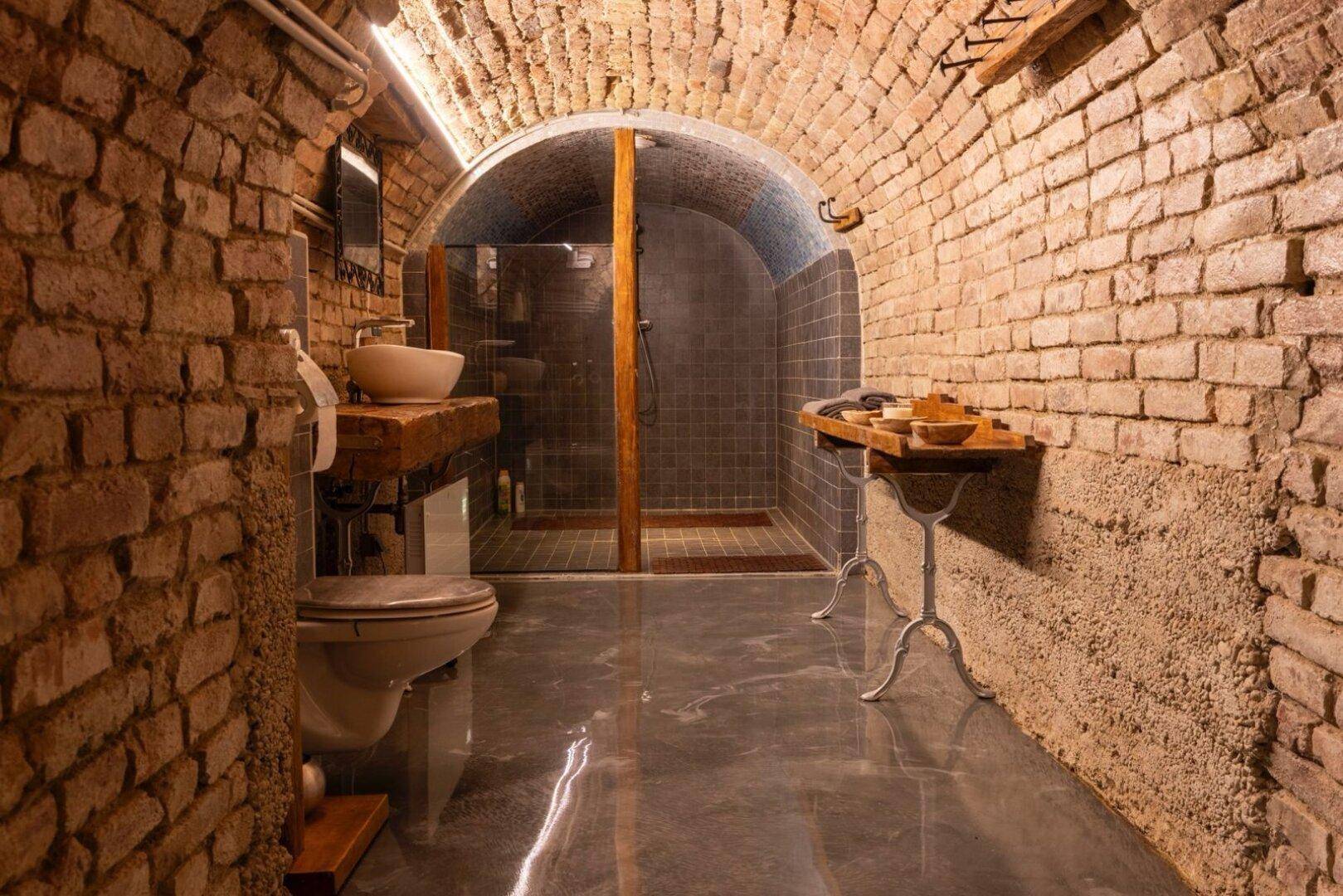 Geräumiges Badezimmer mit beeindruckender Ziegelgewölbedecke und moderner Dusche.