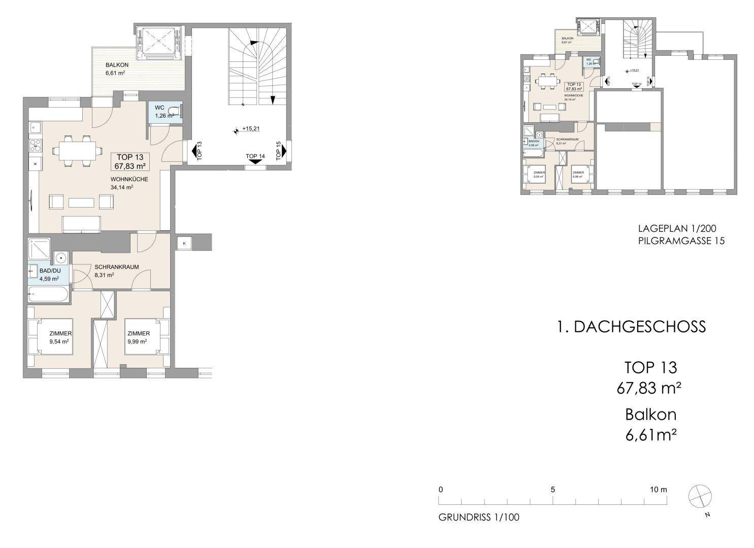 Grundriss des Dachgeschosses Top 13 mit 67,83 m² und Balkon.