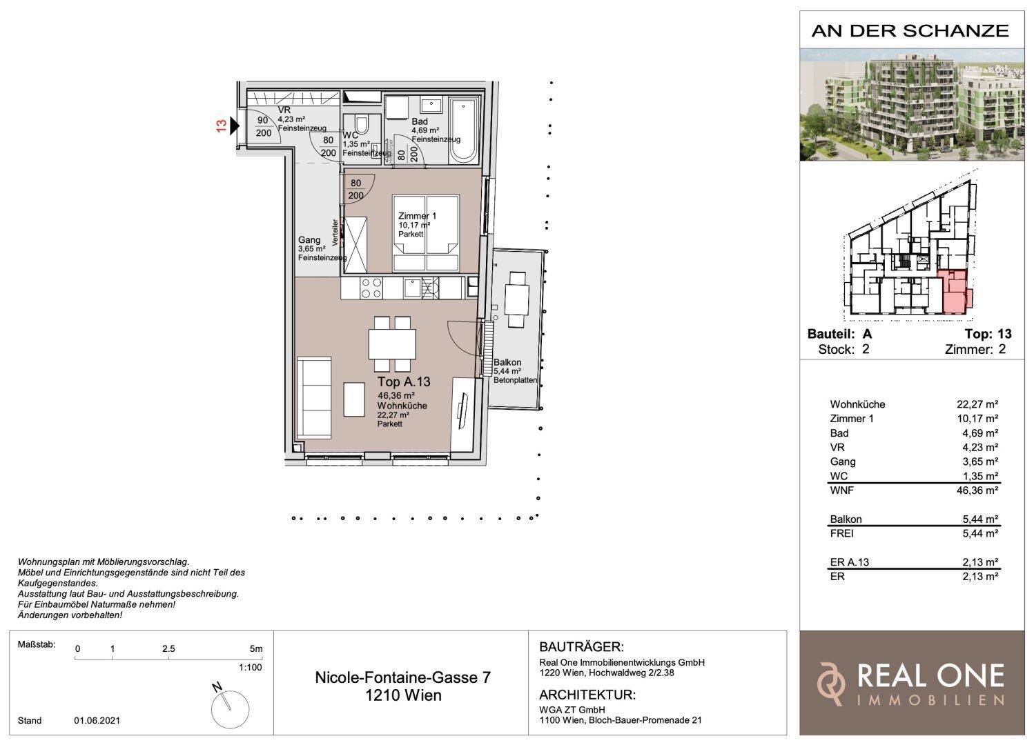 Detaillierter Grundriss einer Wohnung mit offenem Wohnbereich, Schlafzimmer und Balkon.