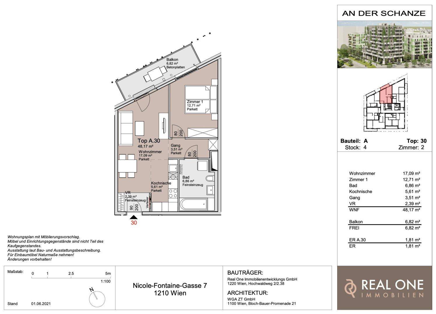 Detaillierter Grundriss einer Wohnung mit einem Schlafzimmer, Wohnbereich, Kochnische und Balkon.