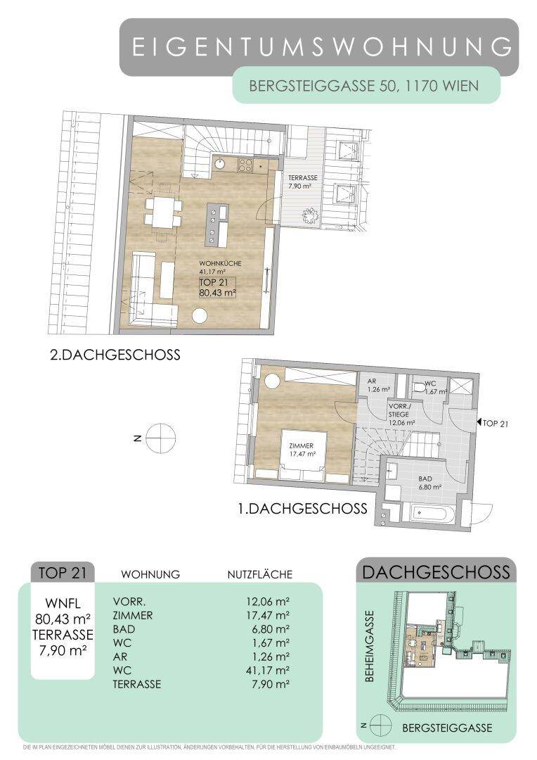 Grundriss der Eigentumswohnung im Dachgeschoss mit Terrasse und zwei Ebenen.