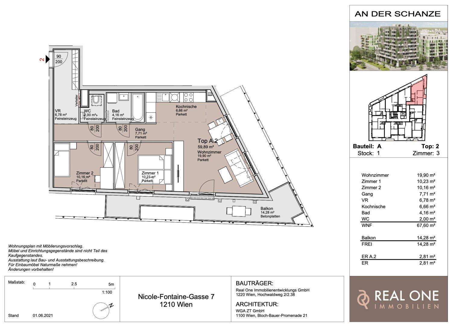 Detaillierter Grundriss einer Wohnung mit zwei Schlafzimmern, offenem Wohnbereich und Balkon.