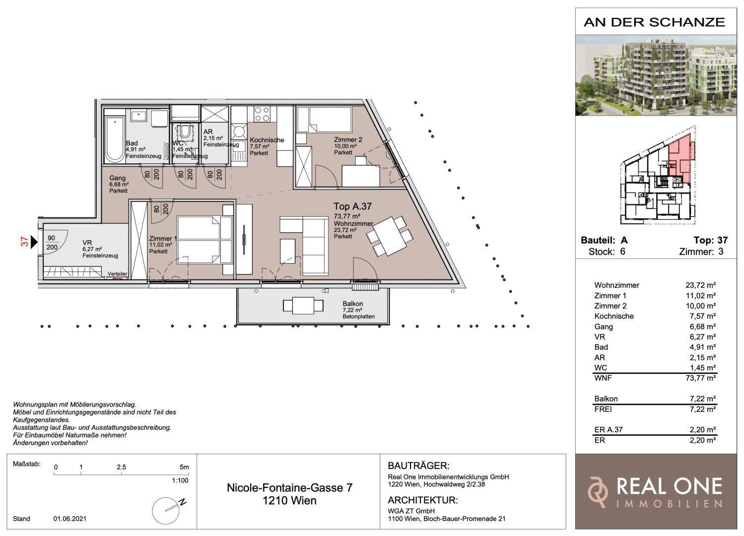 Detaillierter Grundriss einer Wohnung mit drei Zimmern, Balkon und offenem Wohnbereich.