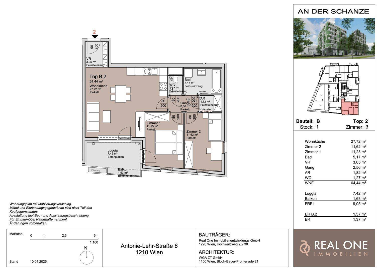 Detaillierter Grundriss einer 3-Zimmer-Wohnung mit Balkon und Loggia, inklusive Flächenangaben.