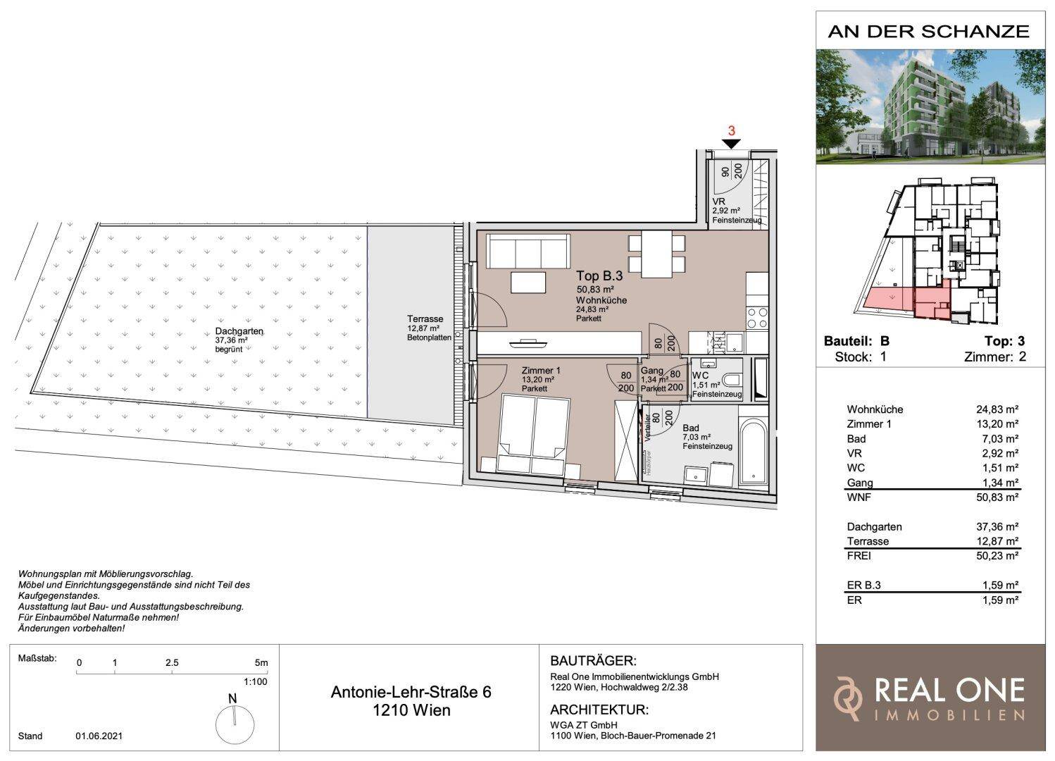 Grundriss einer Wohnung mit Dachgarten und Terrasse, inklusive Raumaufteilung und Flächenangaben.