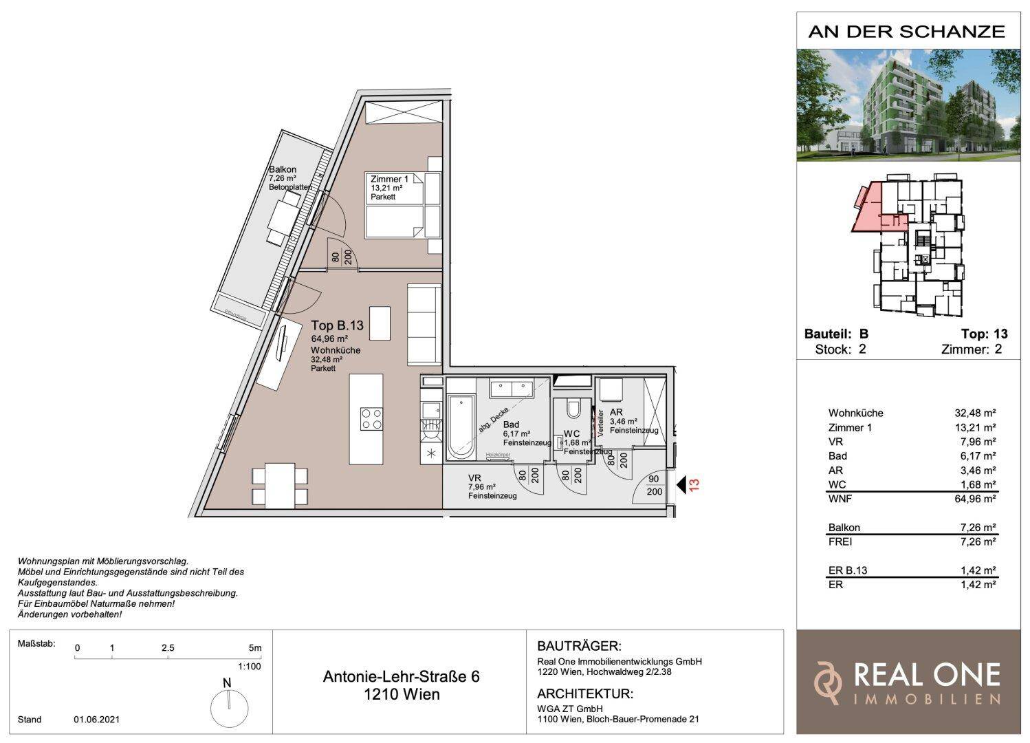 Detaillierter Grundriss einer Wohnung mit Balkon, Bad und separatem WC.
