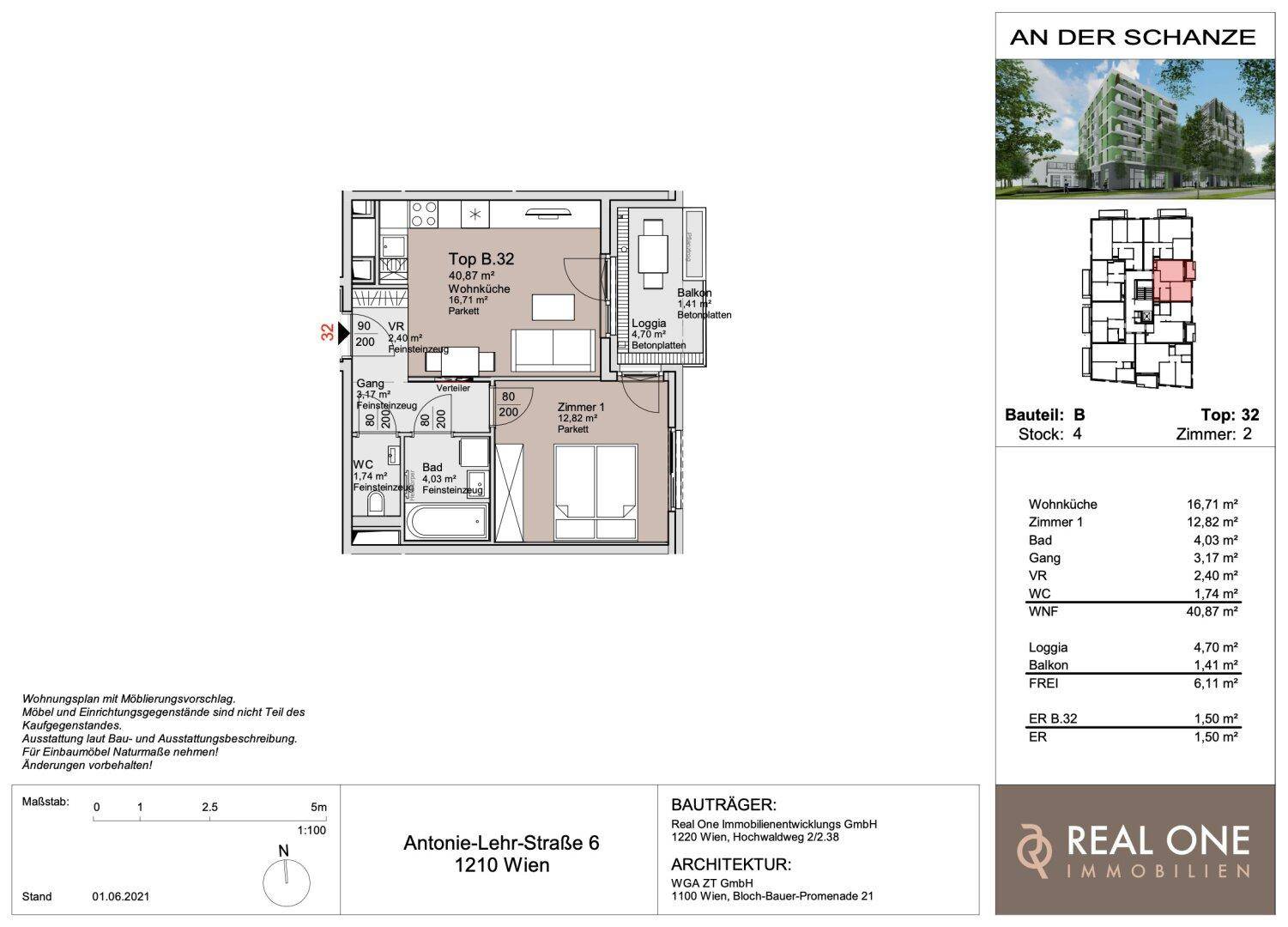 Detaillierter Grundriss einer Wohnung mit Wohnküche, Schlafzimmer und Loggia.