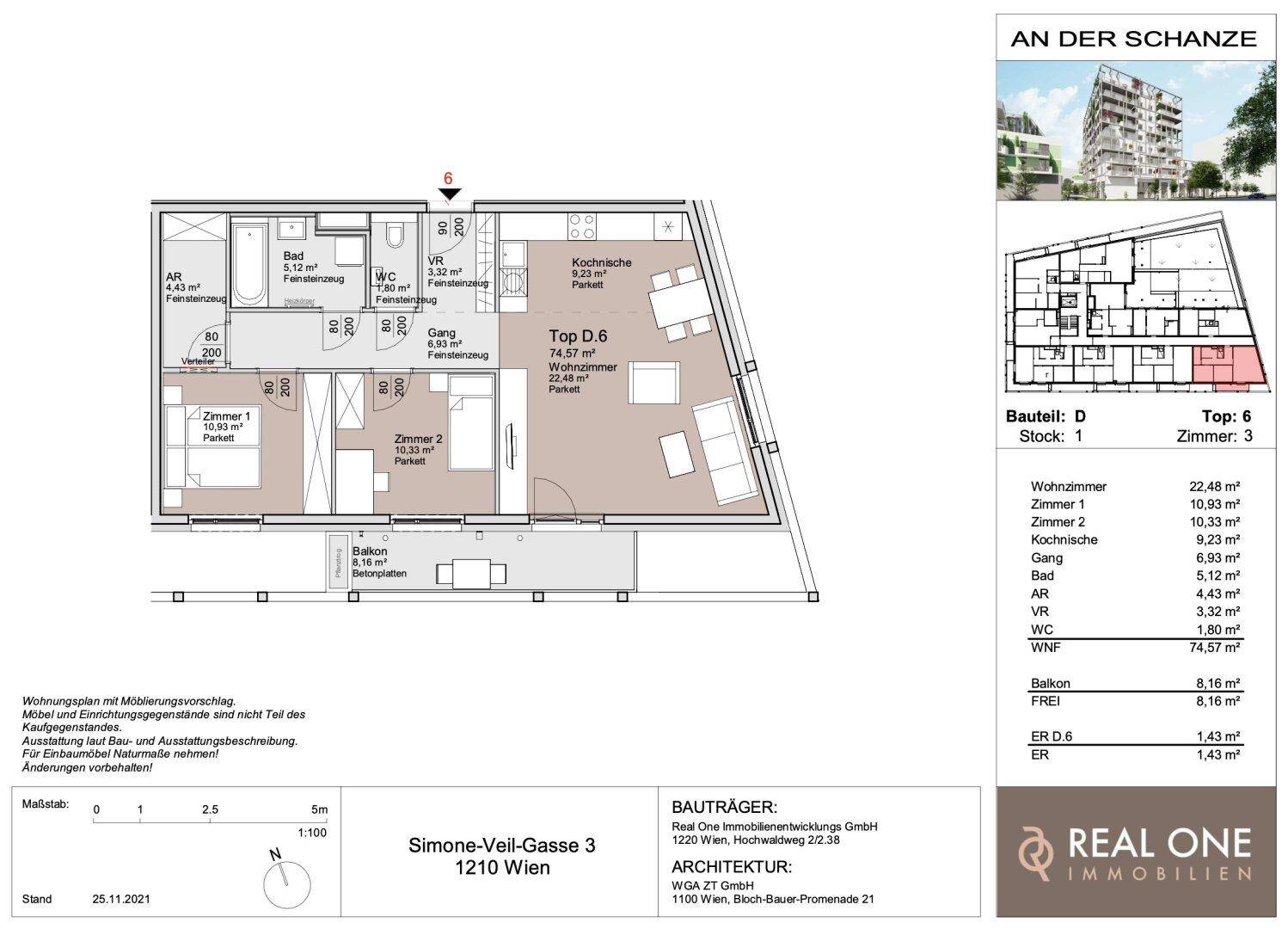 Detaillierter Grundriss einer Wohnung mit zwei Schlafzimmern, offenem Wohnbereich und Balkon.