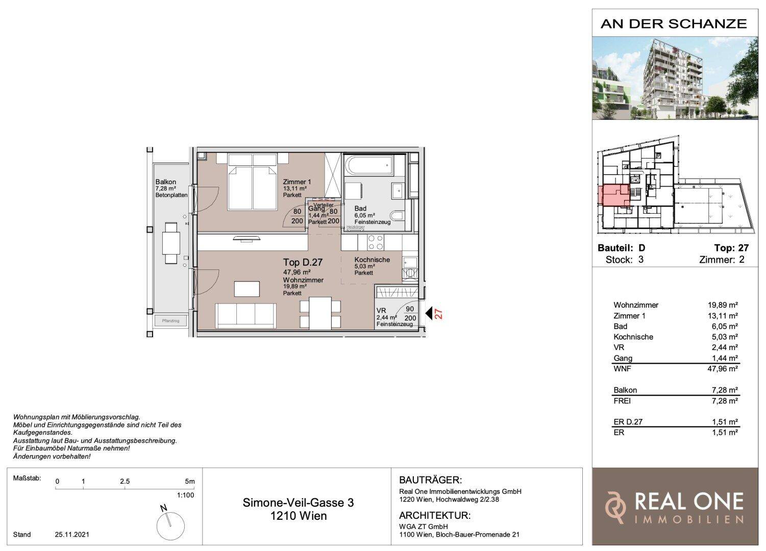 Detaillierter Grundriss einer Wohnung mit Balkon, Schlafzimmer und offenem Wohnbereich.