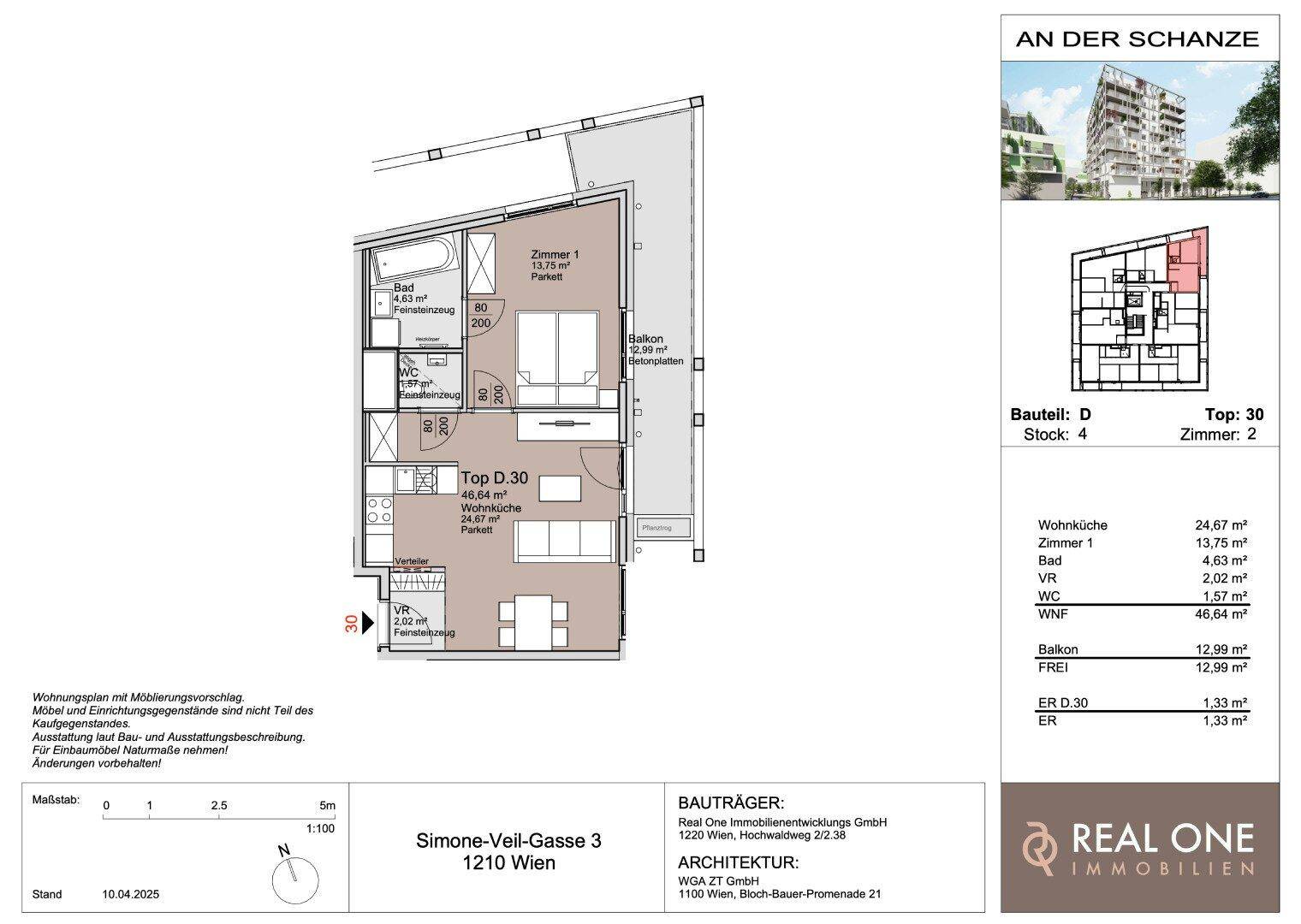 Detaillierter Grundriss einer Wohnung mit Wohnküche, Schlafzimmer und Balkon.
