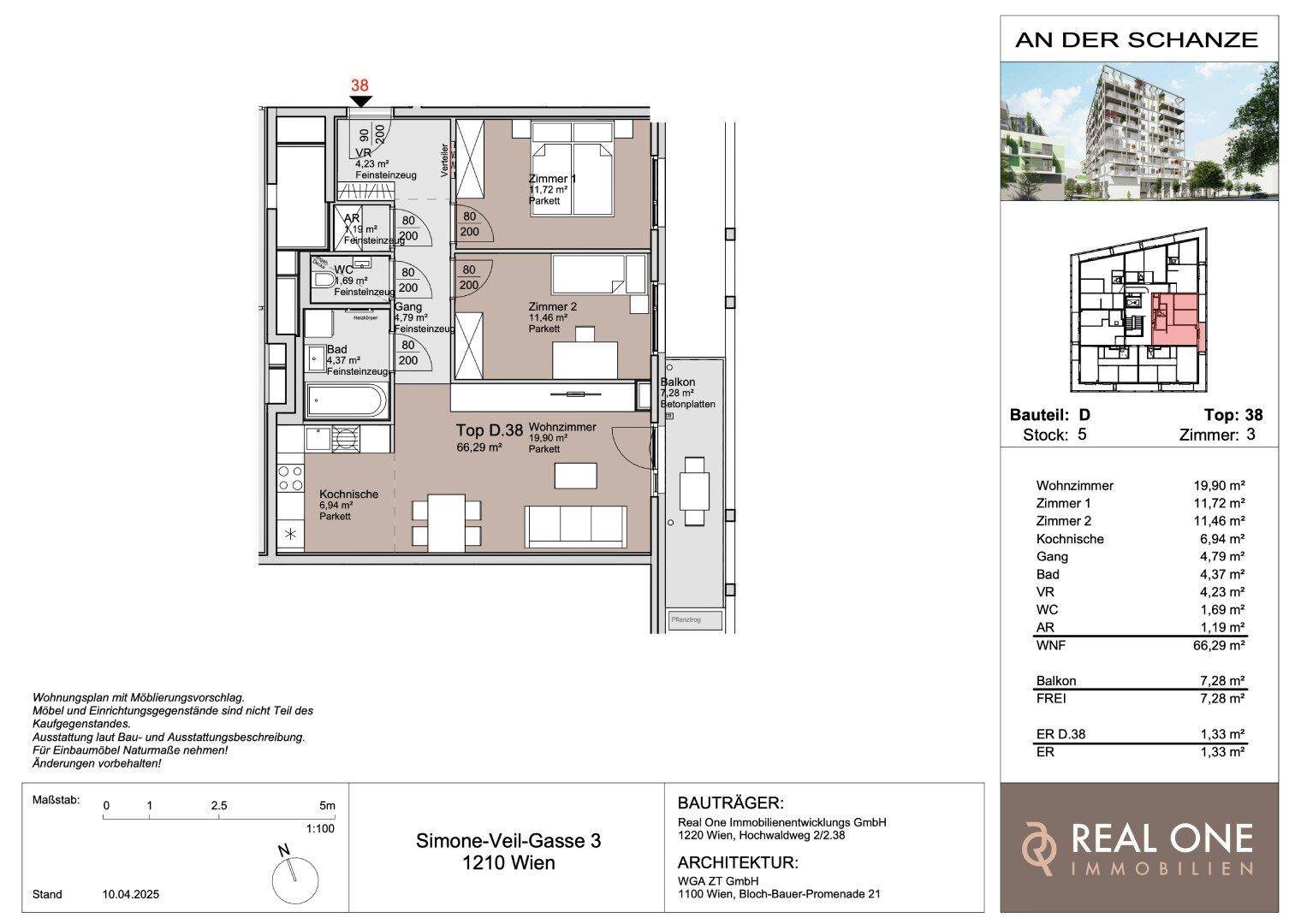 Detaillierter Grundriss einer Wohnung mit drei Zimmern, Balkon und separater Küche.