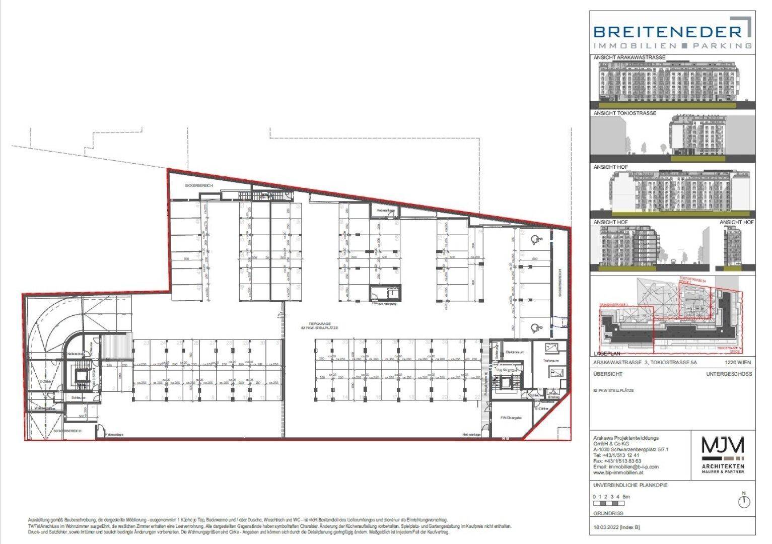 Grundrissplan einer Tiefgarage mit zahlreichen Stellplätzen und zusätzlichen Gebäudeansichten.