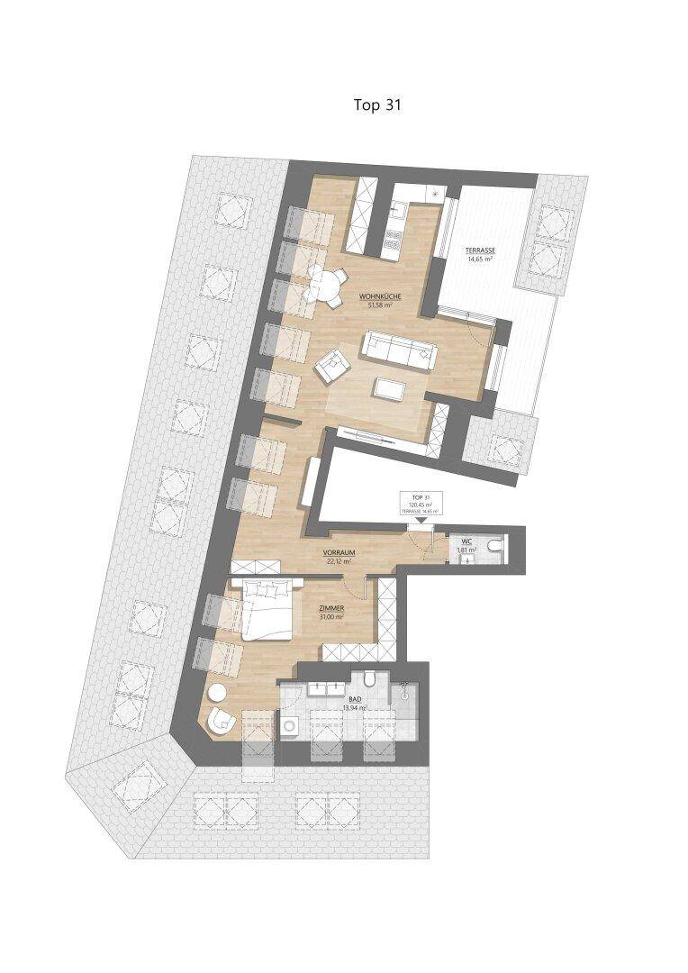 Detaillierter Grundriss einer Dachgeschosswohnung mit offener Wohnküche, Schlafzimmer und Terrasse.