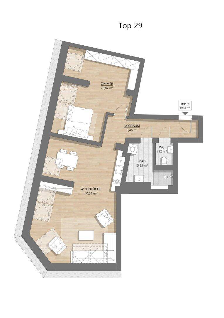 Grundriss der Wohnung Top 29 mit Wohnküche, Zimmer, Bad und separatem WC.