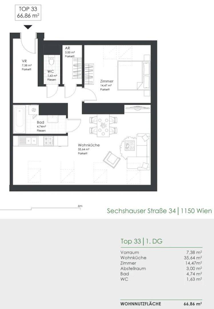 Grundriss der Wohnung Top 33 mit Wohnküche, Zimmer, Bad und WC.