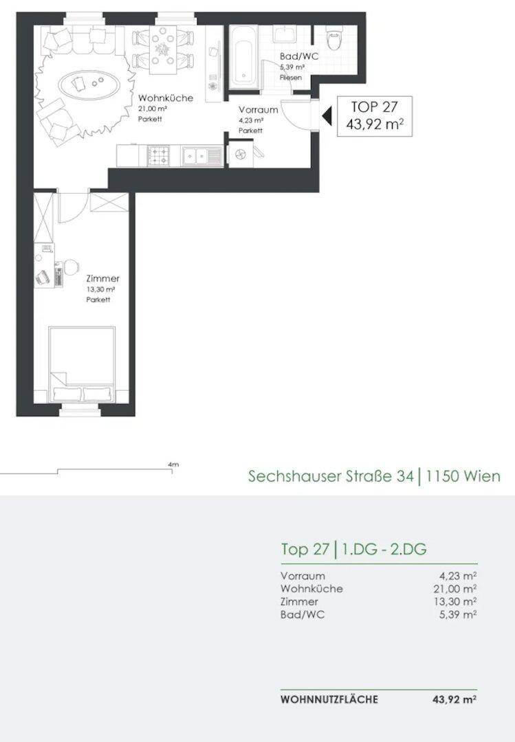 Detaillierter Grundriss der Wohnung Top 27 mit Wohnküche, Zimmer und Bad/WC.
