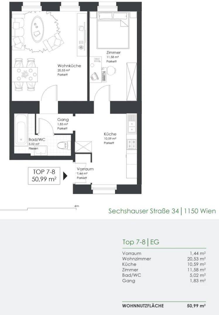 Grundriss der Wohnung Top 7-8 mit Wohnküche, Zimmer und Bad/WC auf 50,99 m².