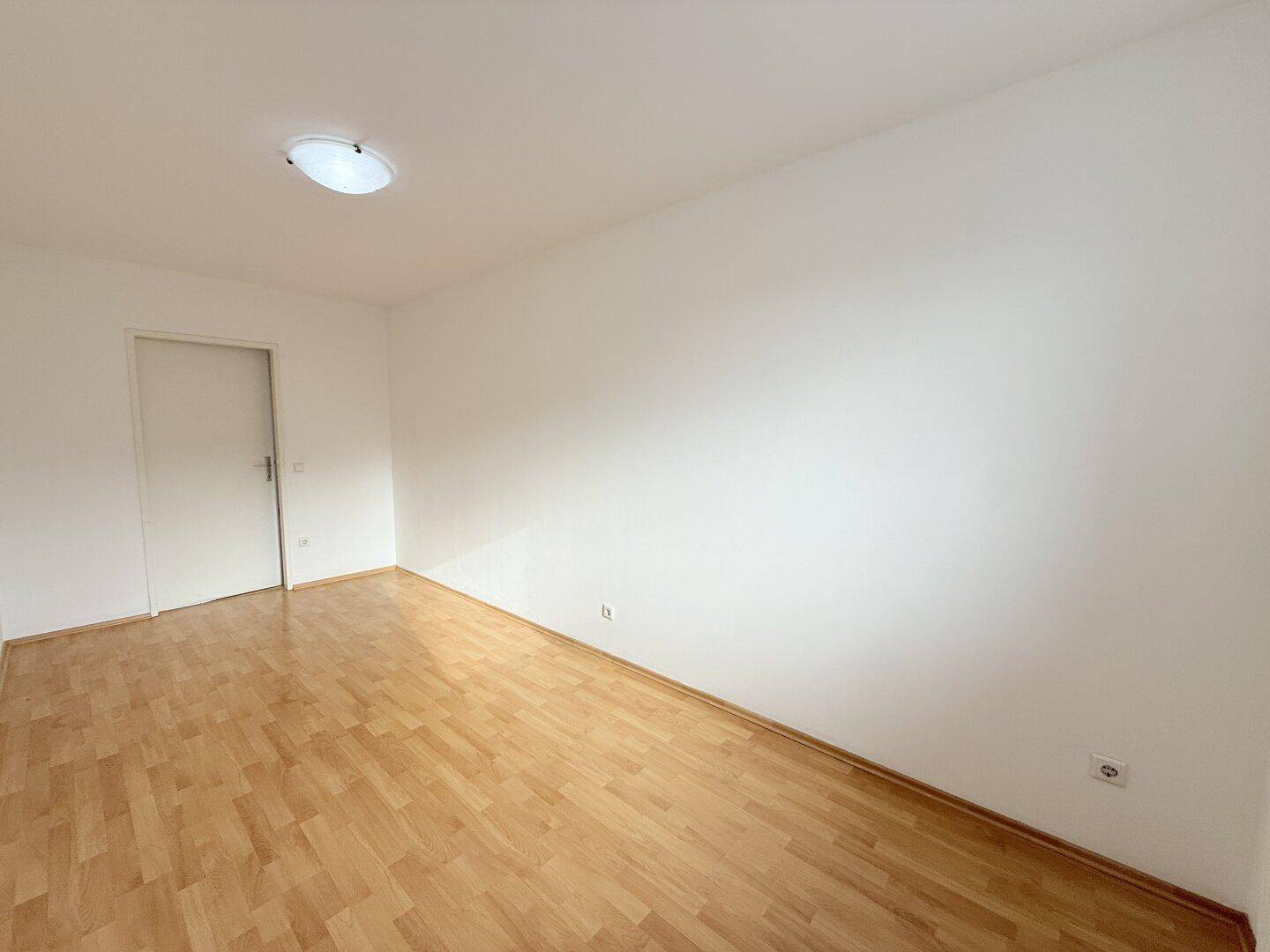 Leeres Zimmer mit Parkettboden und einer weißen Tür, bereit zur individuellen Gestaltung.