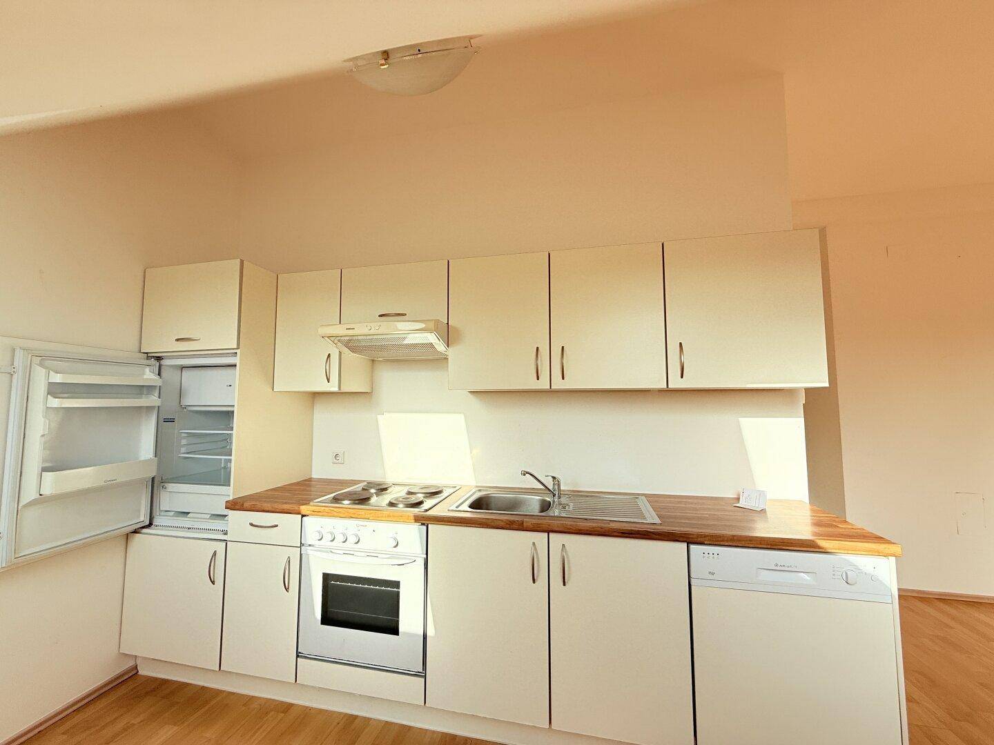 Detailansicht der Küchenzeile mit Herd, Backofen, Spülmaschine und Kühlschrank.