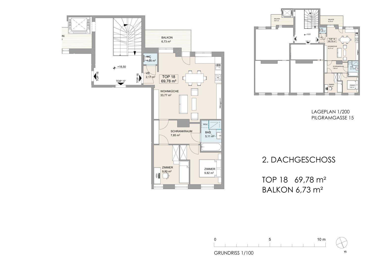 Grundriss des 2. Dachgeschosses, Top 18, mit 69,78 m² Wohnfläche und Balkon.
