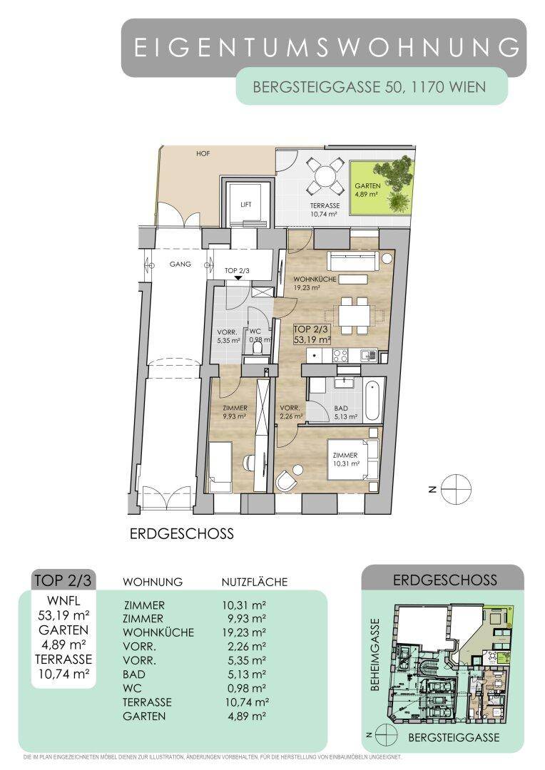 Grundriss einer Erdgeschosswohnung mit Terrasse und kleinem Garten.