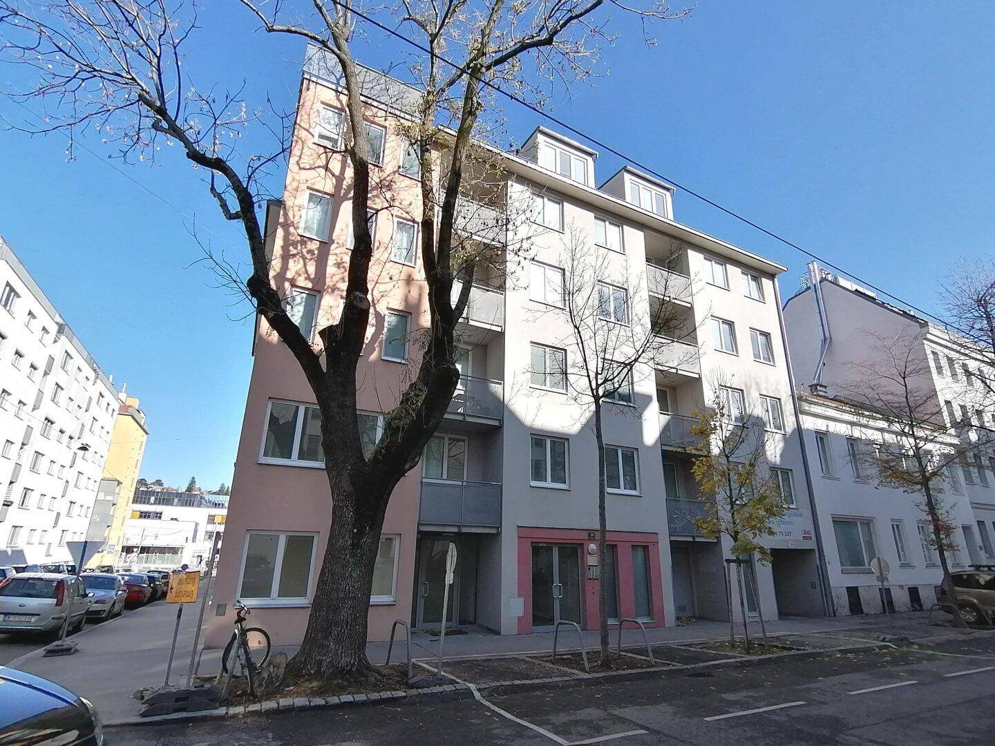 Ansicht des modernen Wohngebäudes mit Bäumen und geparkten Autos an der Straße.