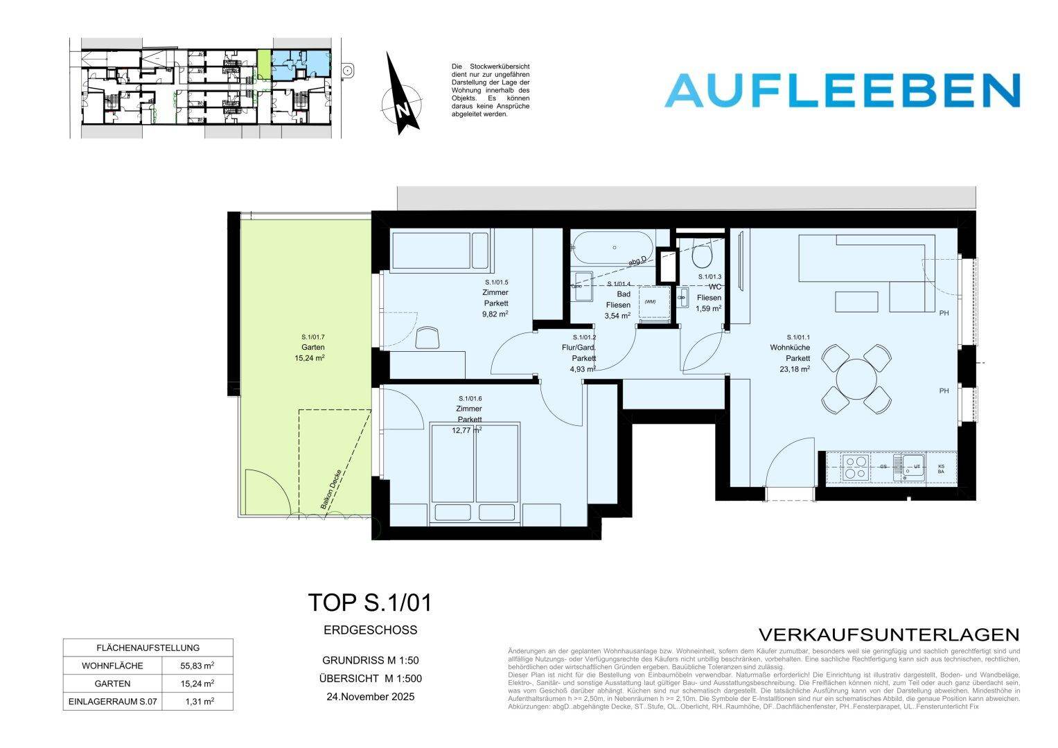 Detaillierter Grundriss einer Erdgeschosswohnung mit offenem Wohnbereich, zwei Schlafzimmern und privatem Garten.