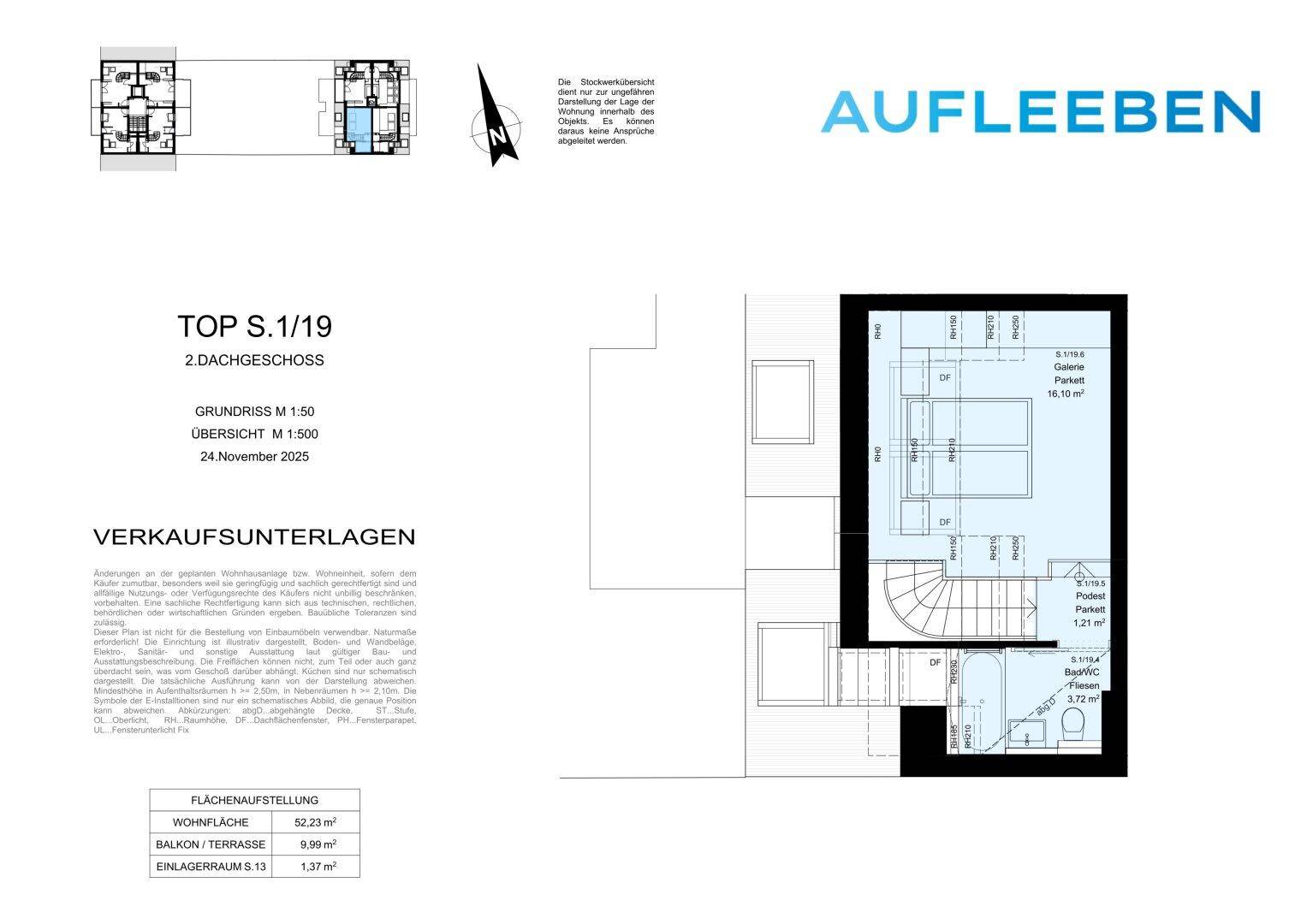 Detaillierter Grundriss des zweiten Dachgeschosses (TOP S.1/19) mit Schlafzimmer, Bad und einem weiteren Raum.