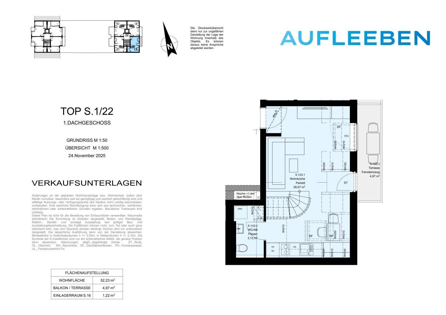 Grundriss des ersten Dachgeschosses mit Wohnbereich, Bad, separatem WC und einer Terrasse.