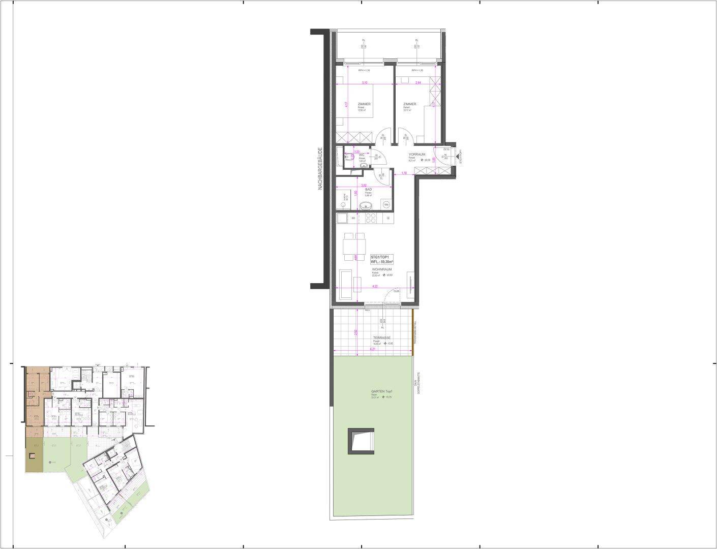 Detaillierter Grundriss einer Wohneinheit mit offenem Wohnbereich, Terrasse und Garten.