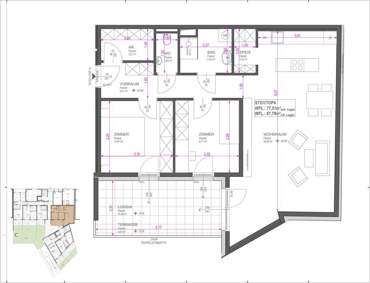Grundriss einer Wohnung mit offenem Wohnbereich, zwei Schlafzimmern, Bad, separatem WC, Loggia und Terrasse.
