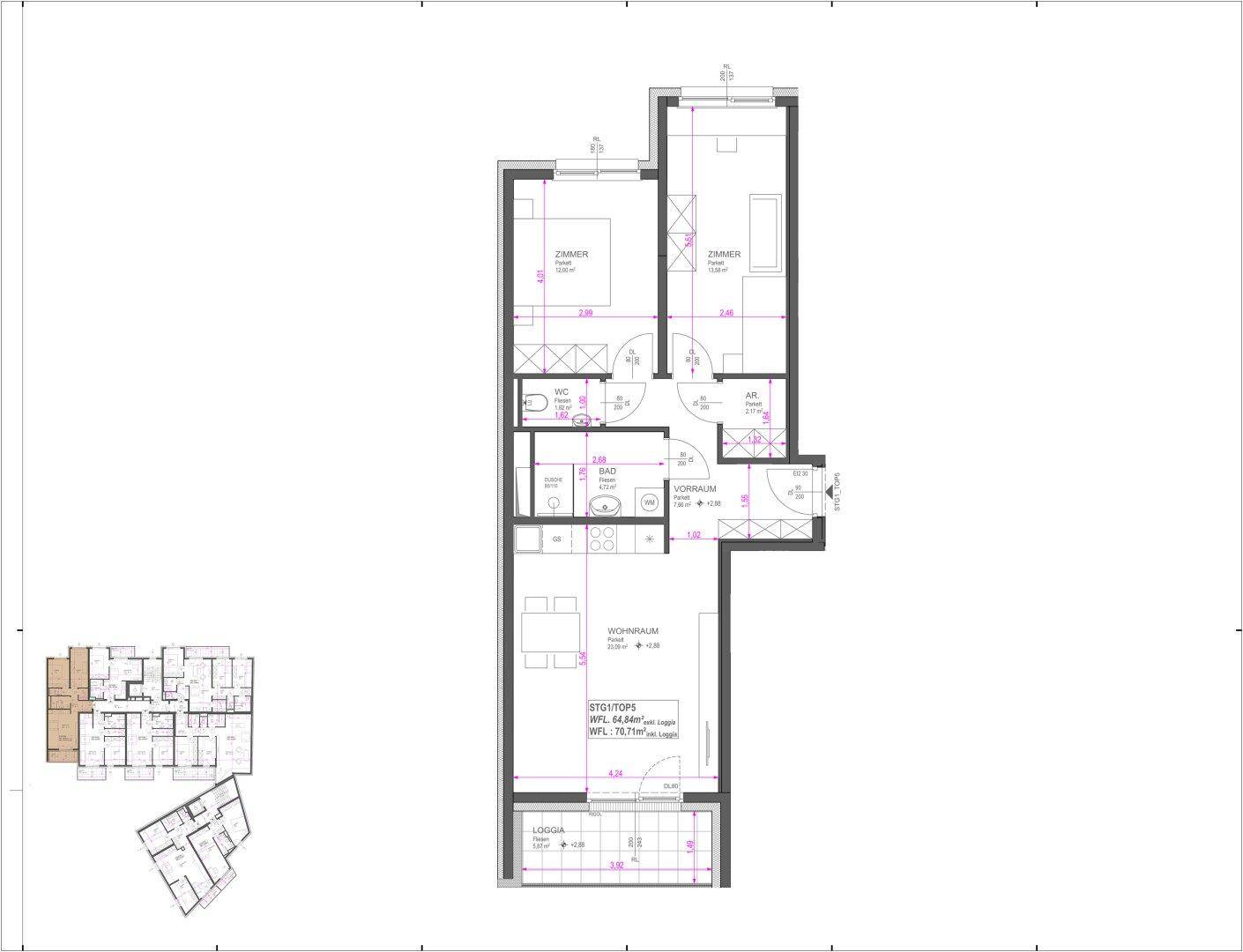 Detaillierter Grundriss einer Wohnung mit offenem Wohnbereich, zwei Schlafzimmern, Bad und separatem WC sowie einer Loggia.