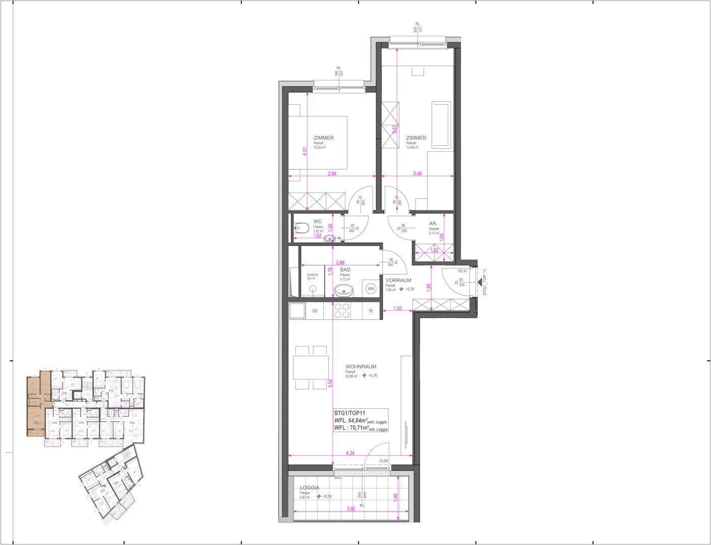 Detaillierter Grundriss einer Wohnung mit Wohnraum, zwei Zimmern, Bad, separatem WC und einer Loggia.