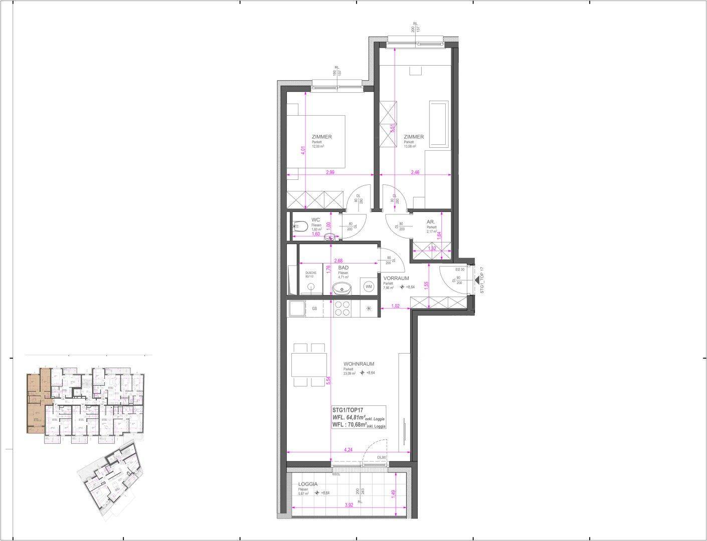 Detaillierter Grundriss einer Wohnung mit zwei Schlafzimmern, offenem Wohnbereich, Bad, separatem WC und Loggia.