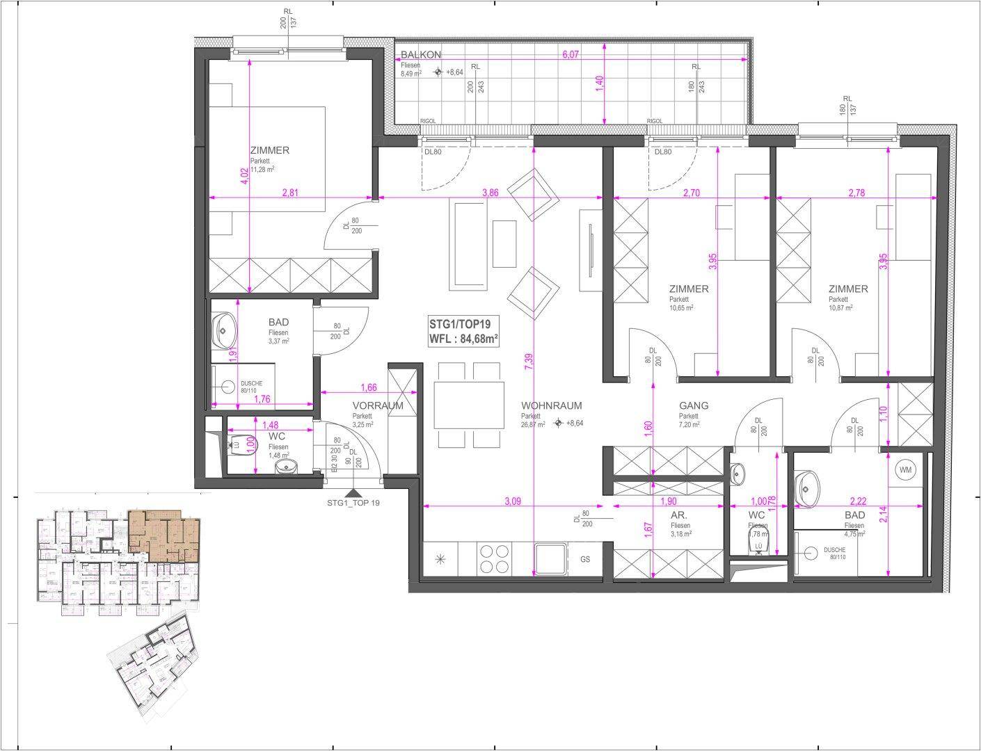 Grundriss einer Wohnung mit drei Zimmern, zwei Bädern, zwei separaten WCs und einem Balkon. Der offene Wohnbereich integriert die Küche.