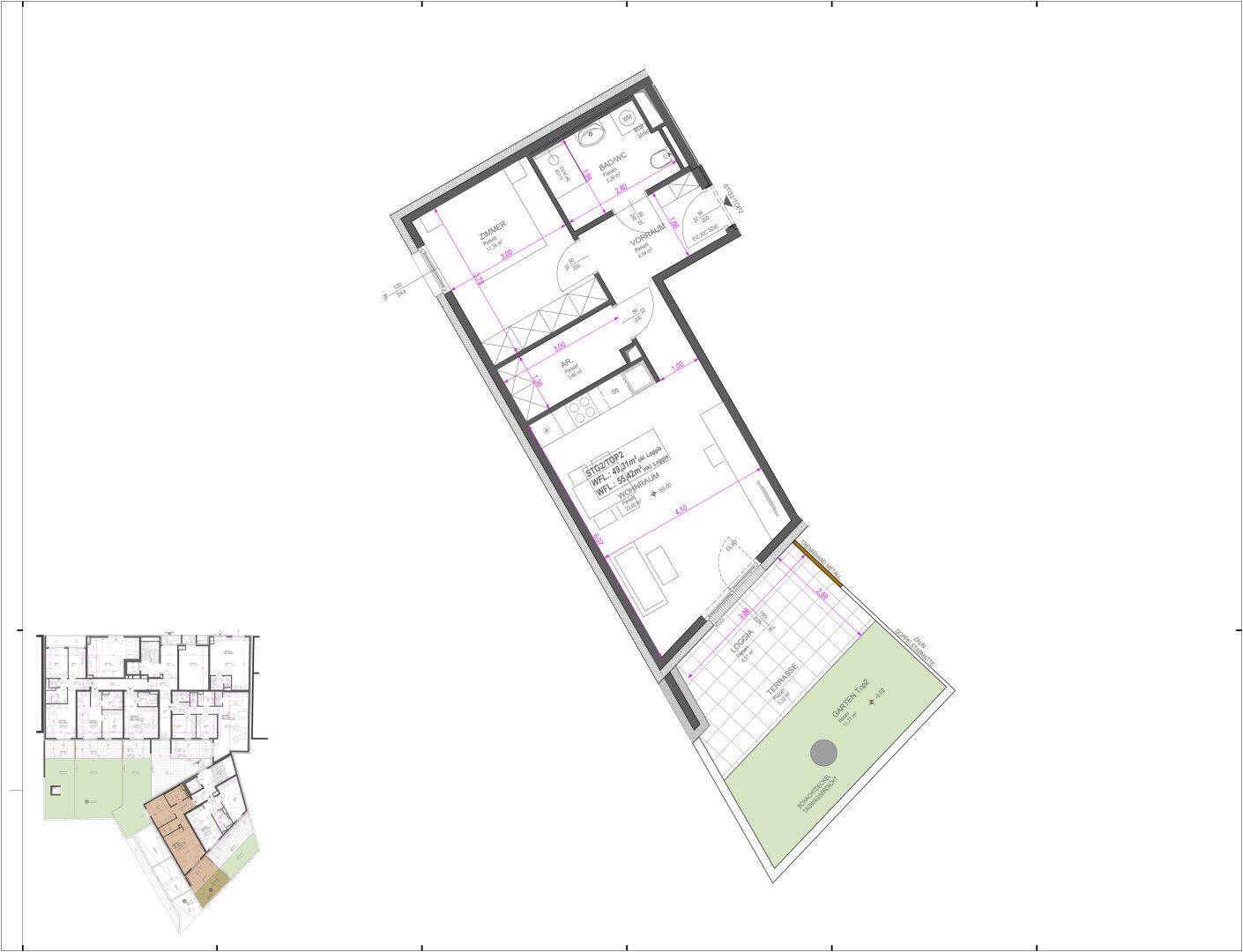 Detaillierter Grundriss einer modernen Wohnung mit großzügiger Loggia, Terrasse und privatem Gartenanteil.
