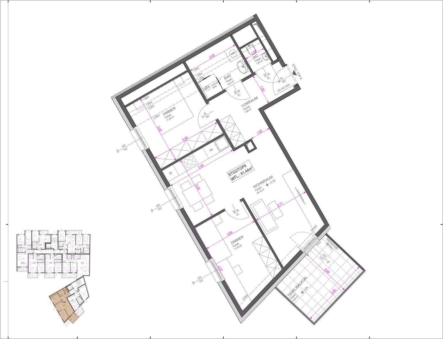 Detaillierter Grundriss einer Wohnung mit offenem Wohnbereich, zwei Schlafzimmern und einem Terrassenbalkon.