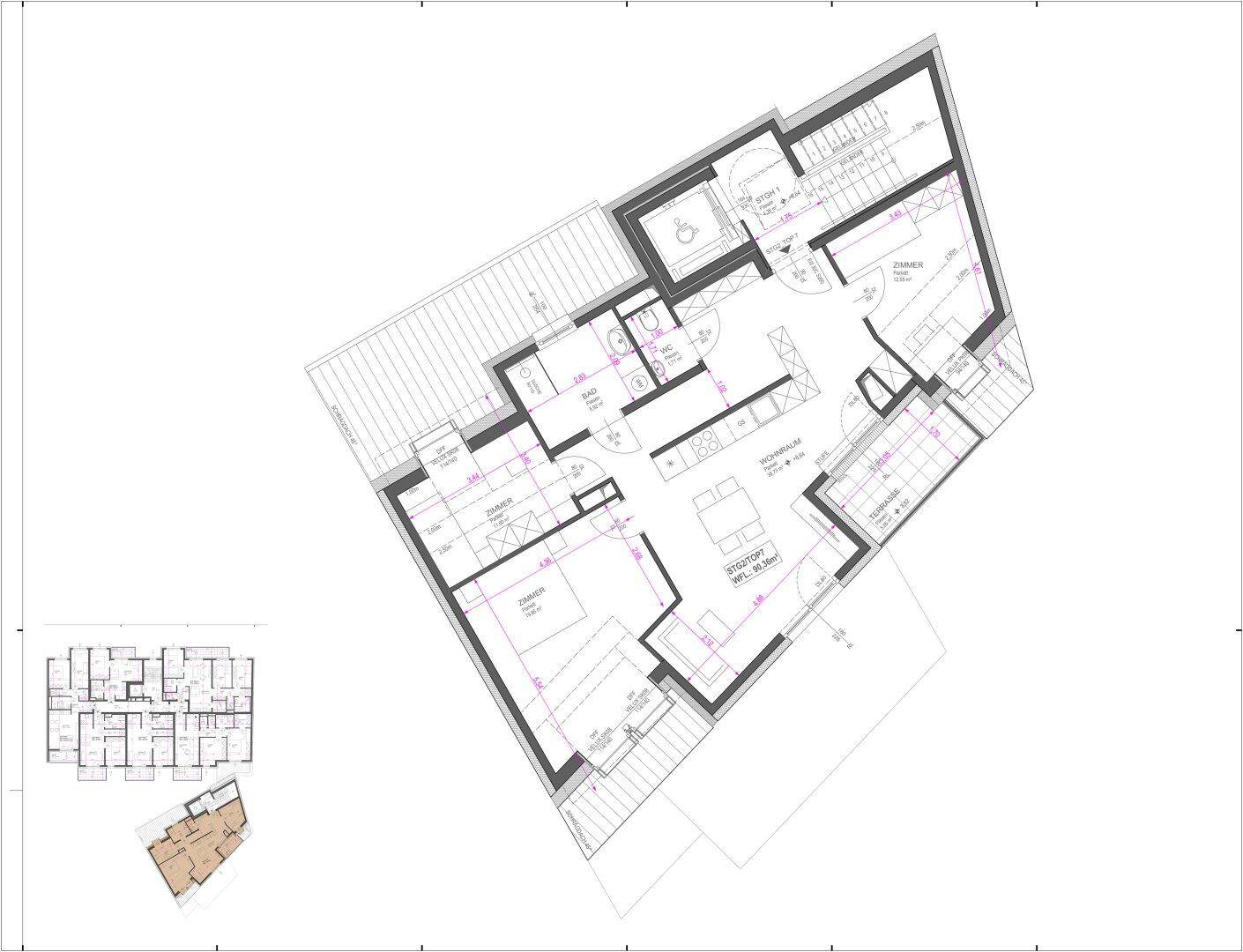 Grundrissplan einer Wohnung mit offenem Wohnbereich, großer Terrasse und mehreren Zimmern.