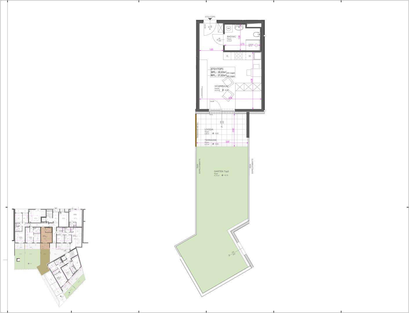 Grundriss einer Wohnung mit offenem Wohnbereich, Badezimmer, Terrasse und großem Garten.