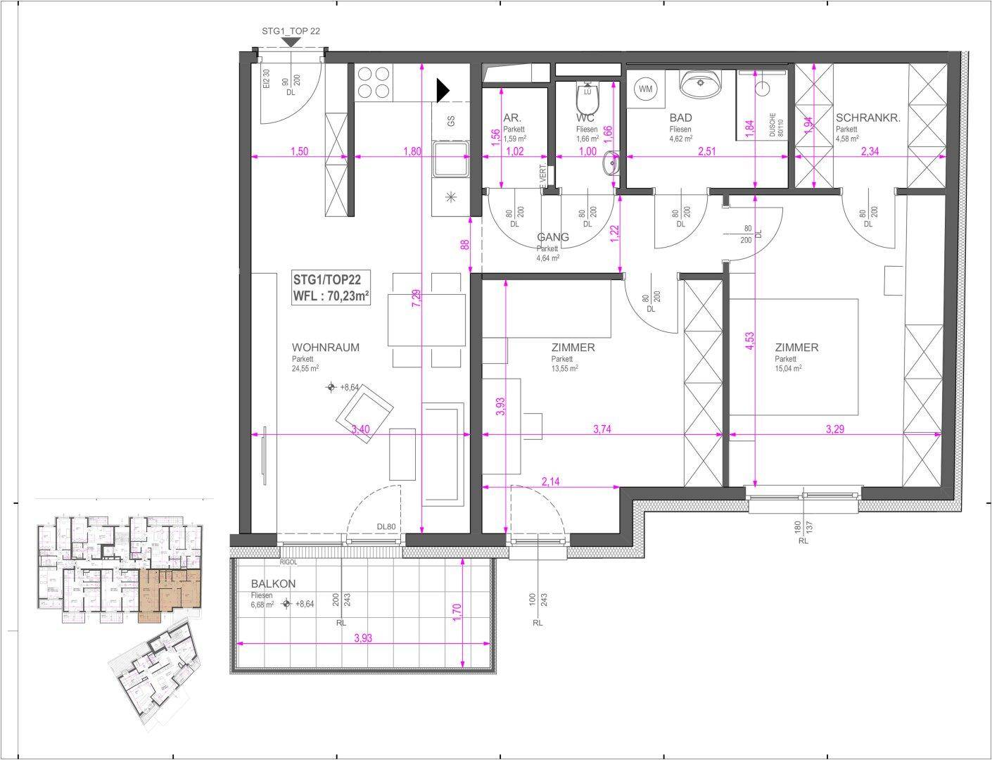 Grundriss einer Wohnung mit offenem Wohnbereich, zwei Zimmern, Bad, separatem WC und Balkon.