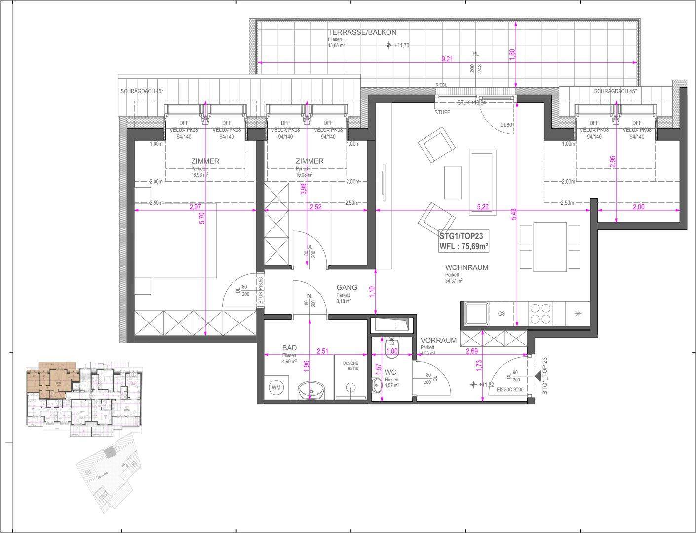 Grundriss einer Wohnung mit offenem Wohnbereich, zwei Schlafzimmern, Bad, separatem WC und großer Terrasse/Balkon.