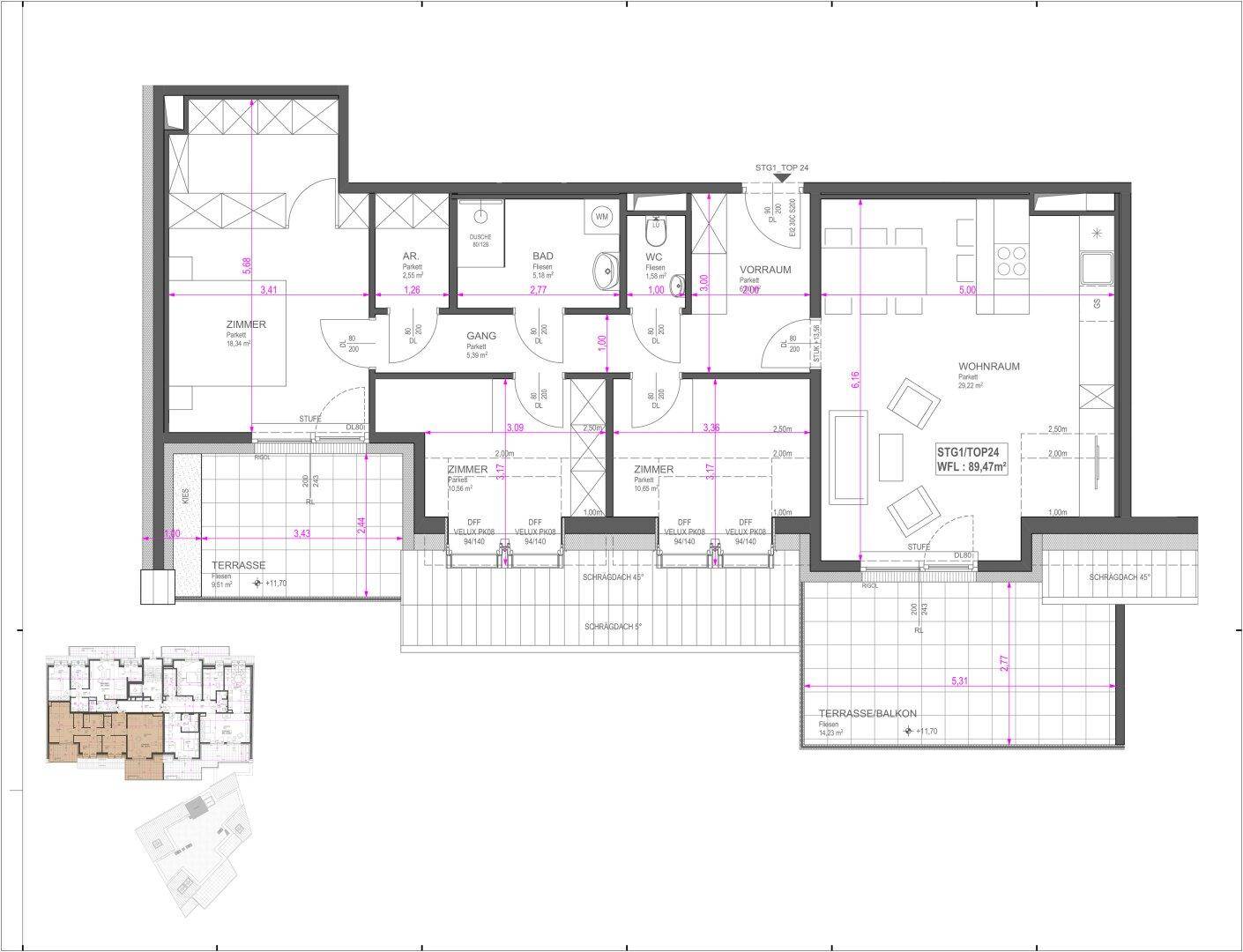 Übersichtlicher Grundrissplan einer modernen Wohnung mit offenem Wohnbereich, zwei Schlafzimmern und zwei Außenbereichen.