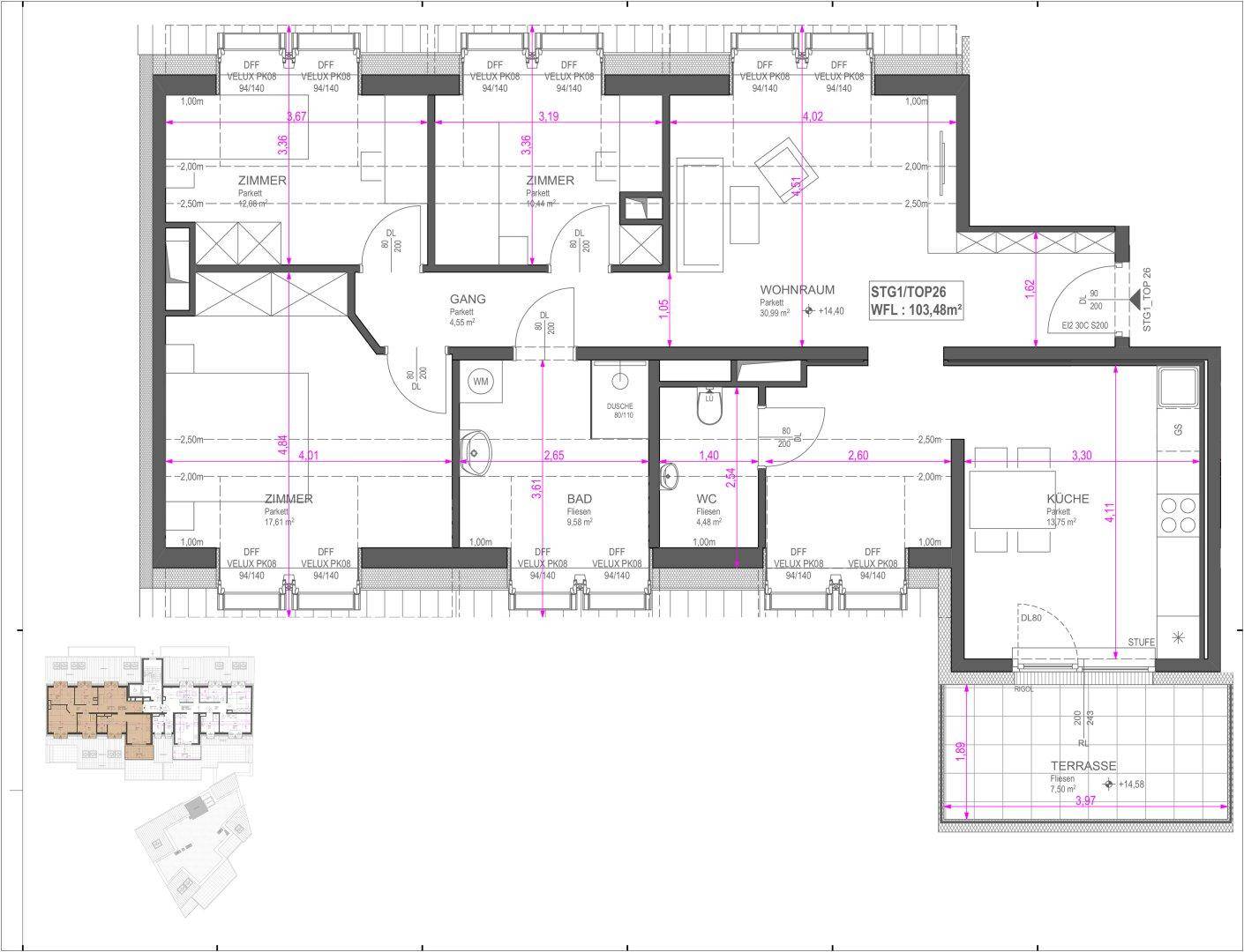 Grundriss einer Dachgeschosswohnung mit drei Zimmern, separater Küche, Bad, WC und großer Terrasse.