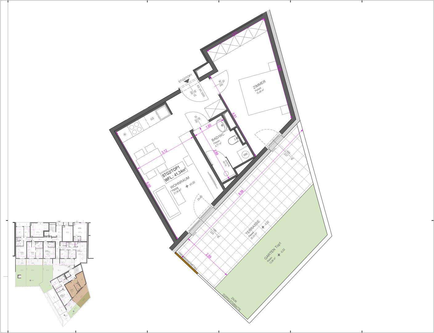 Grundrissplan einer Wohnung mit offenem Wohnbereich, Schlafzimmer, Bad, separatem WC, Terrasse und Garten.