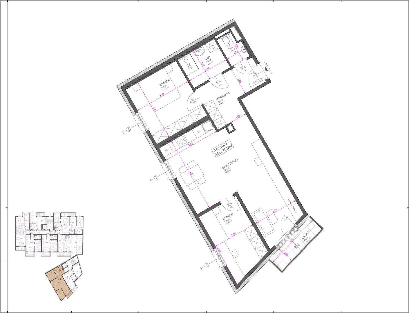 Grundriss einer Wohnung mit offenem Wohn- und Küchenbereich, zwei Zimmern, Bad, separatem WC und Balkon.
